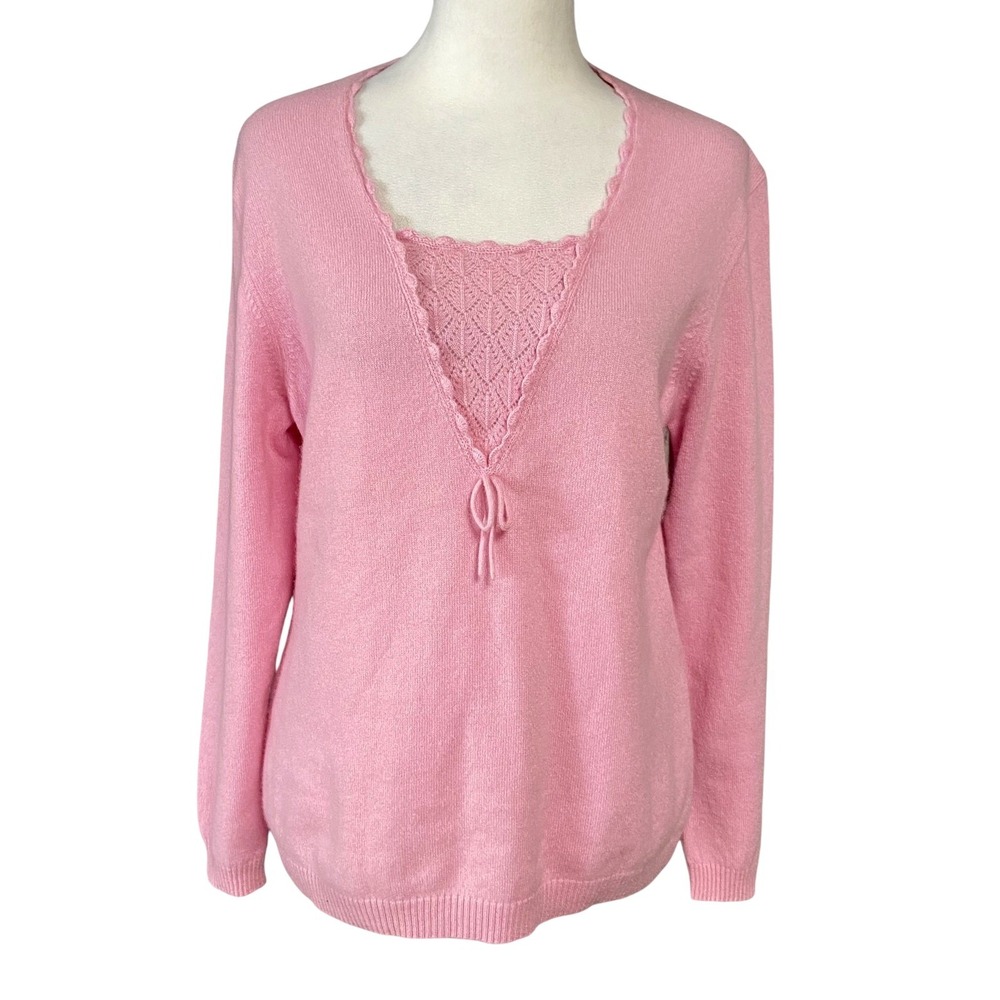 ERDOS Sweater Womens 105 Pink Cashmere Blend V Neck Bow Knit Pullover Top